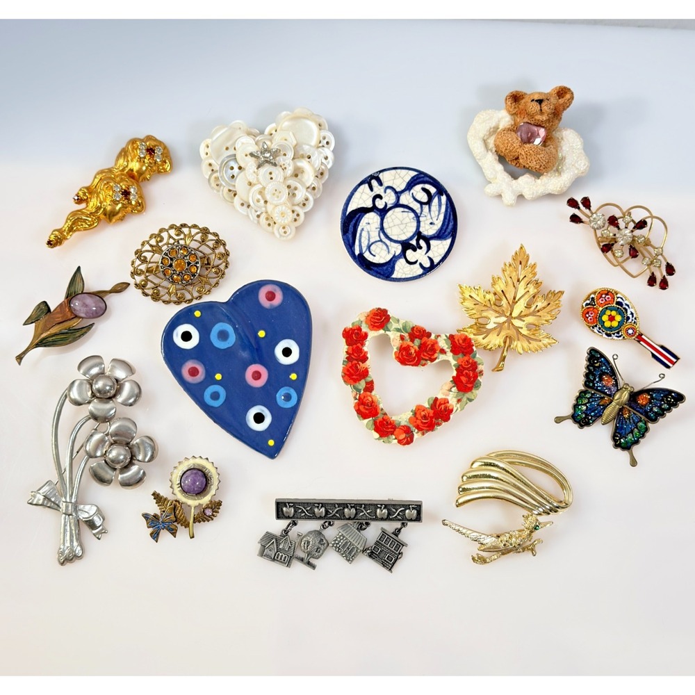 Vintage Brooch Lot 17 pc Rhinestone Enamel Heart Flower Butterfly Scarf Clip